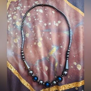 Dark Silver/Chrome and Blue Bead Necklace